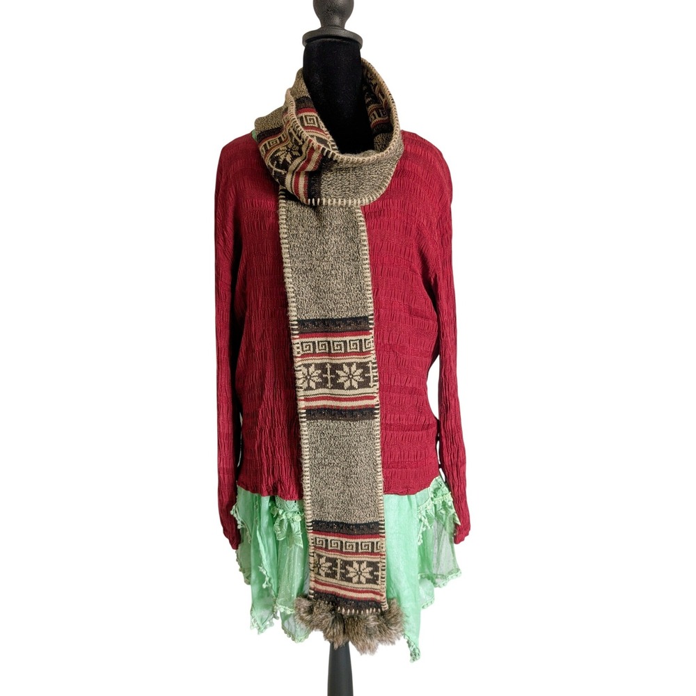 Mudd Vintage Y2K Earthy Tones Nordic Fair Isle Fur Pom-poms Knit Skinny Scarf